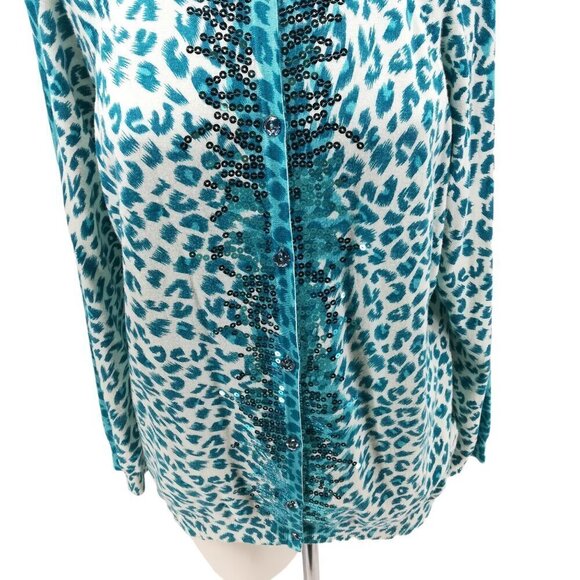 Quacker Factory Blue Leopard Print Sequin Lightweight Cardigan Sweater Size S - Picture 7 of 12